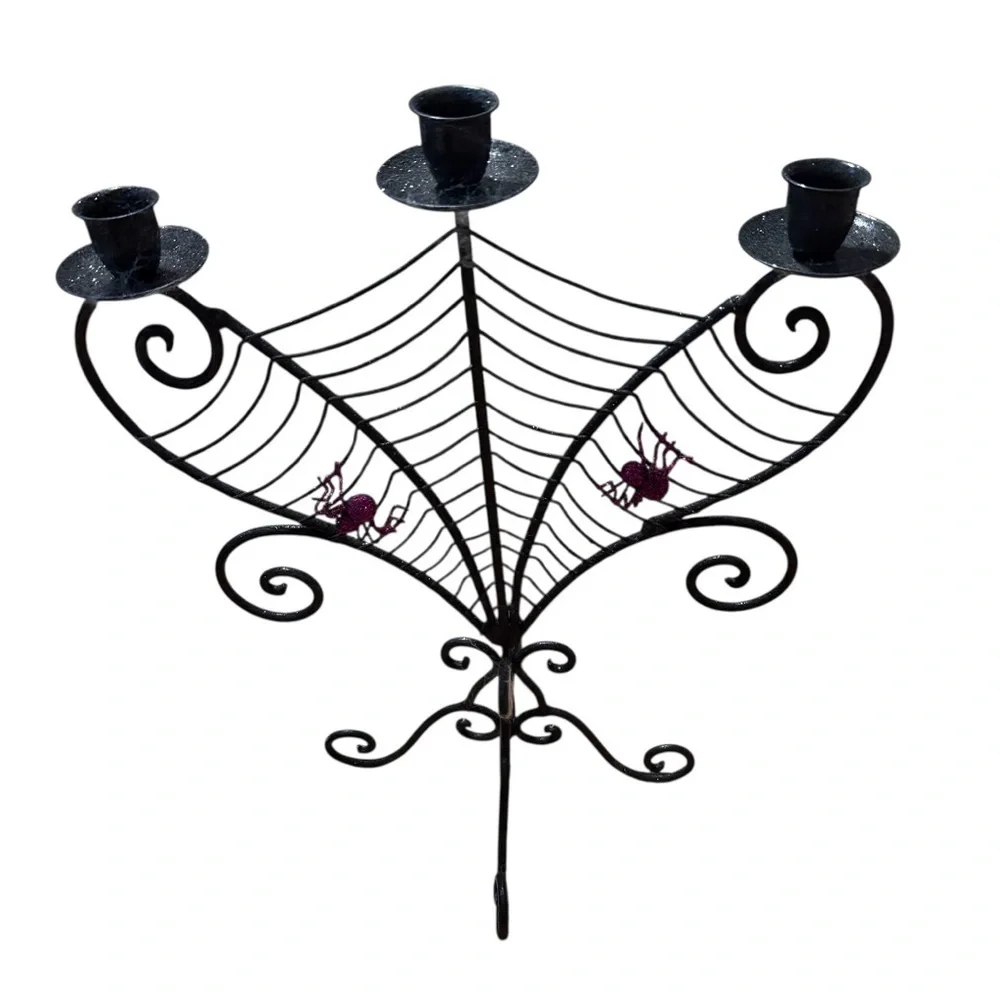 Spiderweb And Spiders Halloween 15” 3 Candle Candle Holder Metal